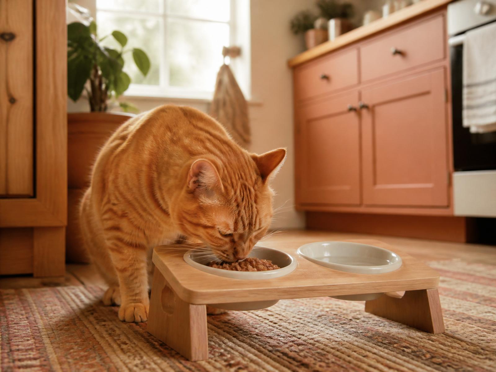 Ginger cat eating from PawGen elevated bowl
